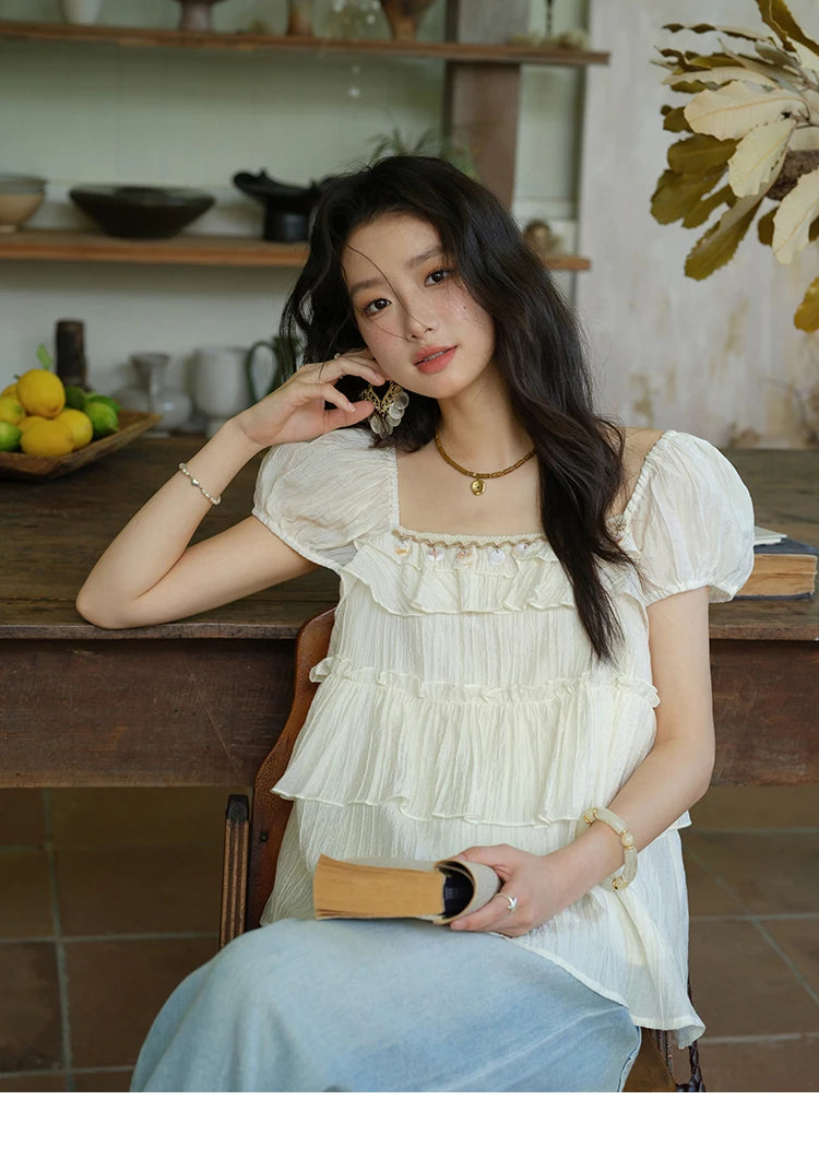 MISHOW French Summer Blouse Women New 2025 Short Sleeve Square Collar Cake Ribbon Shirts Female Fashion Slimming Tops MXE33X1763