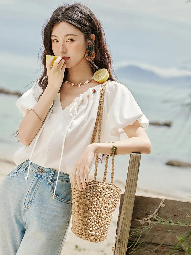 MISHOW Solid French Summer Blouses Woman 2025 New Short Puff Sleeve V-neck Beaded Retro Shirts Women Fashion Tops MXE33X1757