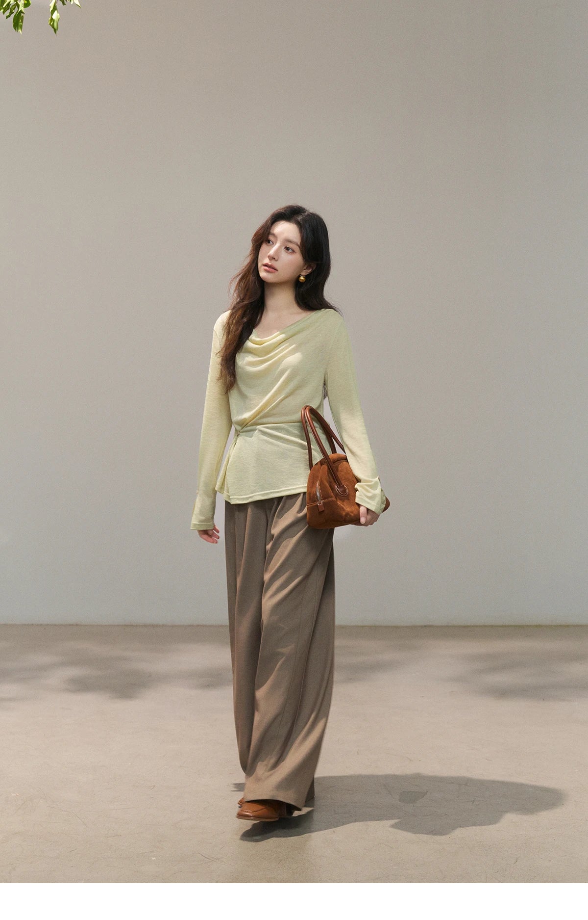 MISHOW Women's Multi Colored Knitted Top 2026 Spring Swinging Collar Flare Sleeve Top Side Twist Whist Casual T-Shirt MXF13T1473