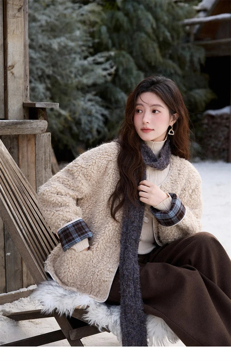 MISHOW Plaid Patchwork Curly Lambswool Coat Winter 2025 Women's Fashion Coat Double-Front Retro Casual Loose Jacket MXE87W0939