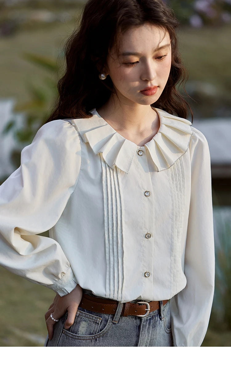 MISHOW French Tucker Pleats Doll Neck Shirt for Women 2025 Spring Straight Shirt Ruffled O Neck Shirts Office Lady MXE12C0401