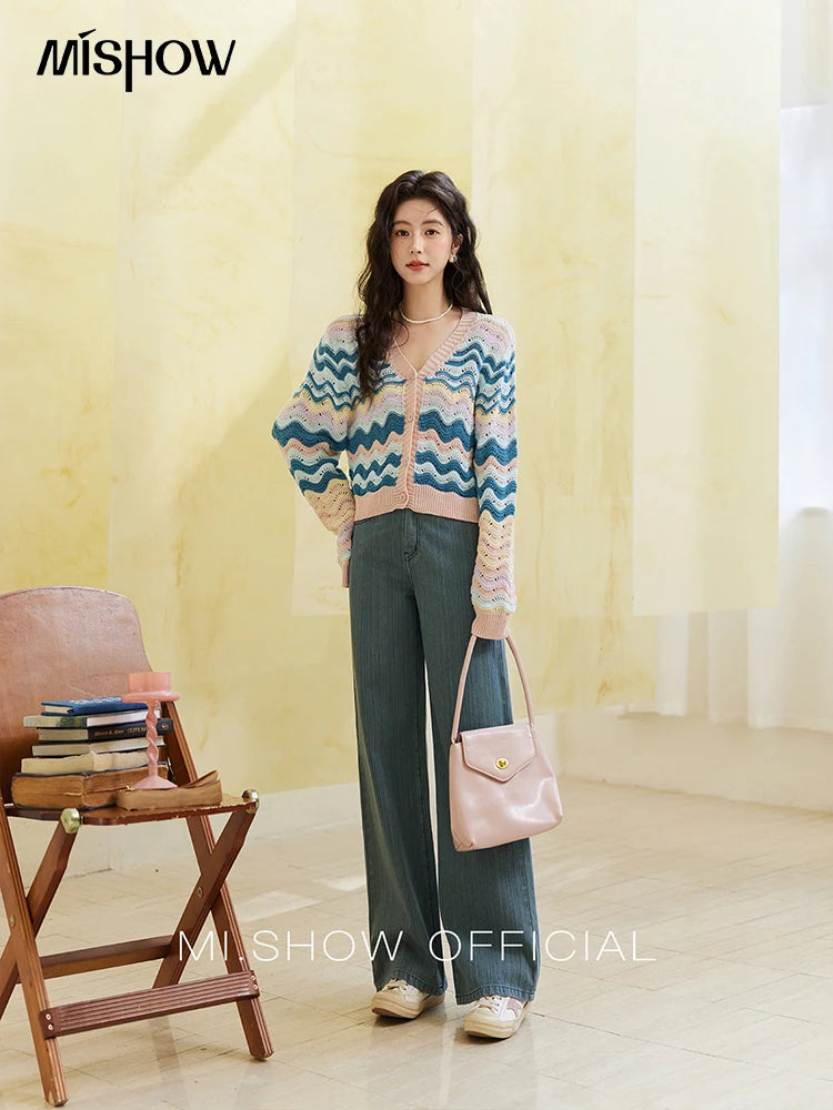 MISHOW Color Stripe Knitted Cardigan Women 2025 Spring V-neck Long Sleeve Loose Cardigans Woman Fashion Office Lady MXE16Z1203