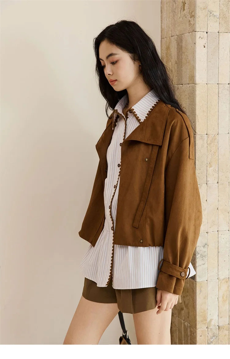 MISHOW Vintage Suede Short Jacket Brown Lapel Zipper MXE45W0869