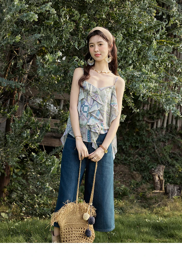 MISHOW Holiday Summer Camisole Tops Women 2025 Plaid Ruffled Layer Chiffon Floral Slimming Top Woman New Fashion MXE33X1803