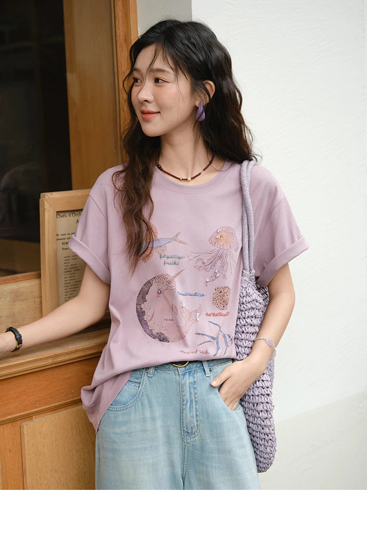 MISHOW Fashion Print T-shirts for women 2025 Summer New O-Neck Loose Casual Short Sleeve Cotton Top Female Clothing MXE36T0575
