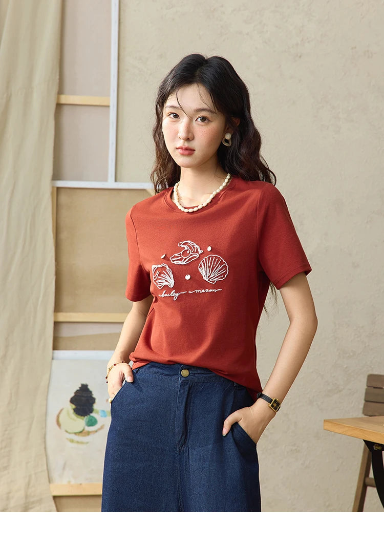 MISHOW Women's Shell Embroidered T-shirt 2025 Summer Short Sleeve Cotton Blend Tops Loose Slim Round Neck Casual Tees MXE34T0570