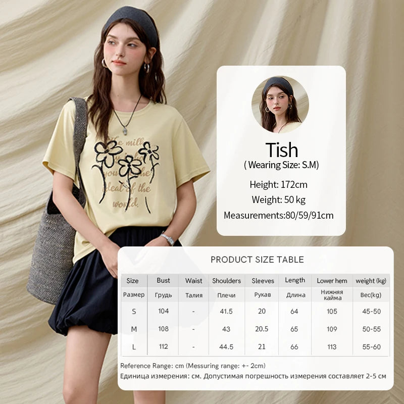 MISHOW Casual Print T-shirts Women Summer 2025 Short Sleeve Round Neck Embroidered Flower Shirt Female Loose Slimming MXE33T0498