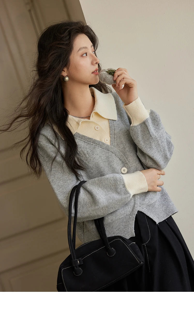 MISHOW Fake Two-piece Sweater Women French Retro Splicing Top 2024 Fall Winter New Korean Design Thin Knitwear MXD46Z0804