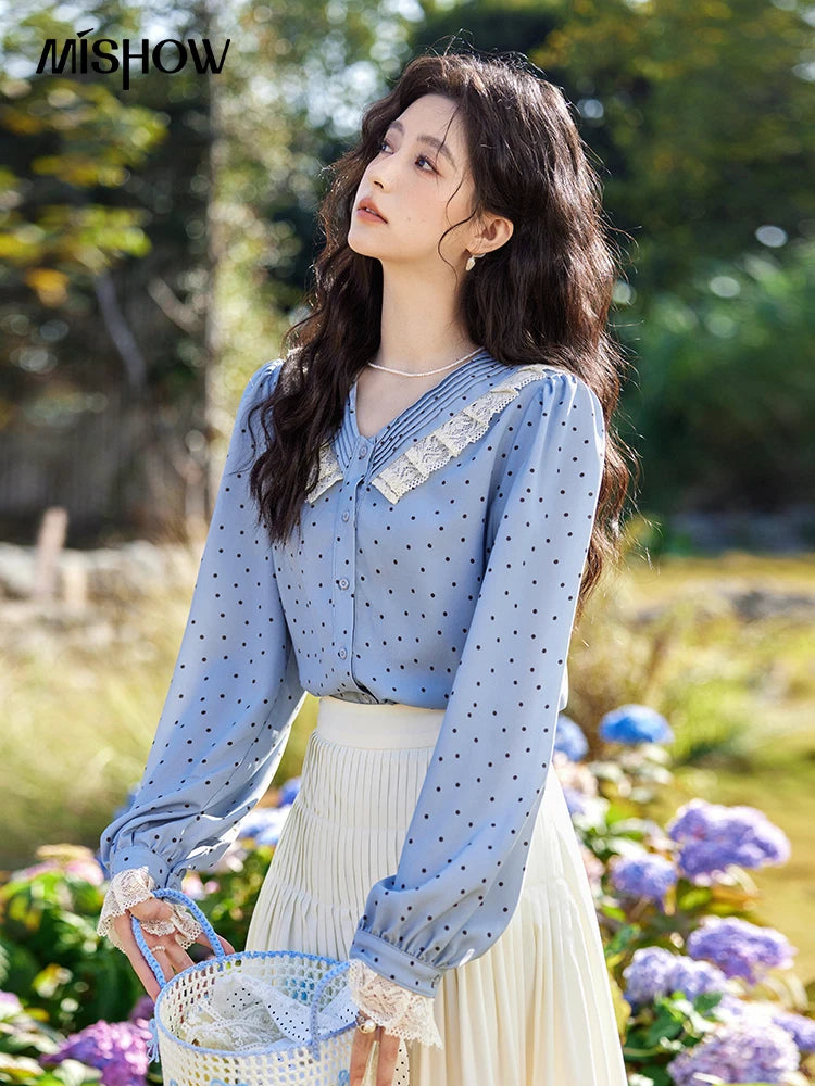 MISHOW Lace Patchwork Polka Dot Shirt for Women Spring 2025 French V-neck Shirt Cuff Splic with Hollowed Out Lace Top MXE12X1707