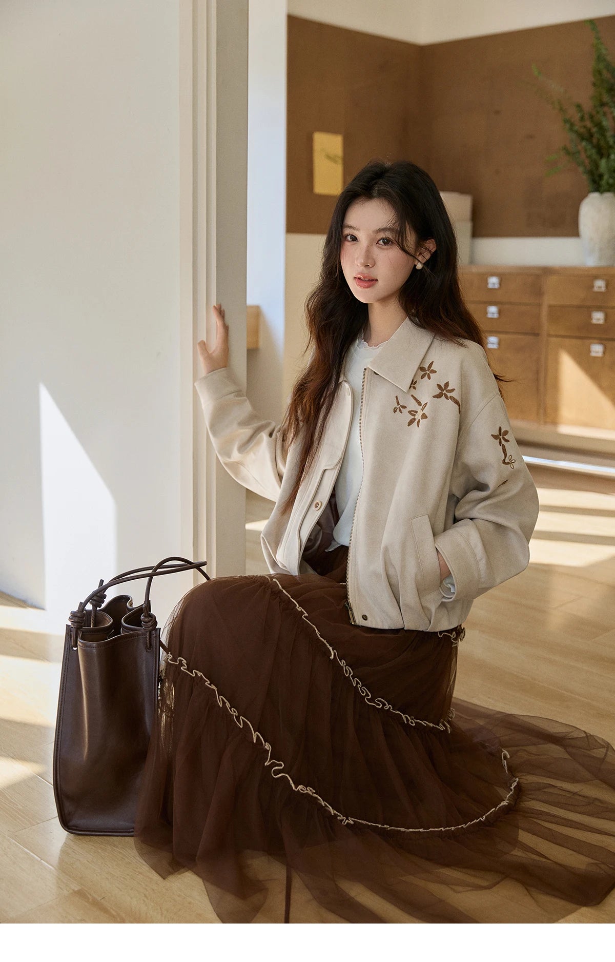 MISHOW Women's Imitation Suede Jacket2026 Spring Floral Embroidery Lapel Zipper Coats Long Sleeve Casual Outerwear MXF11W1027