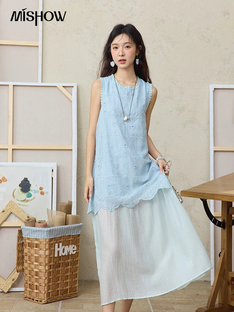 MISHOW French Embroidery Fake Two-piece Vest Dress for Women Summer 2025 Vacation Round Neck Sleeveless Long Dresses MXE34L2311