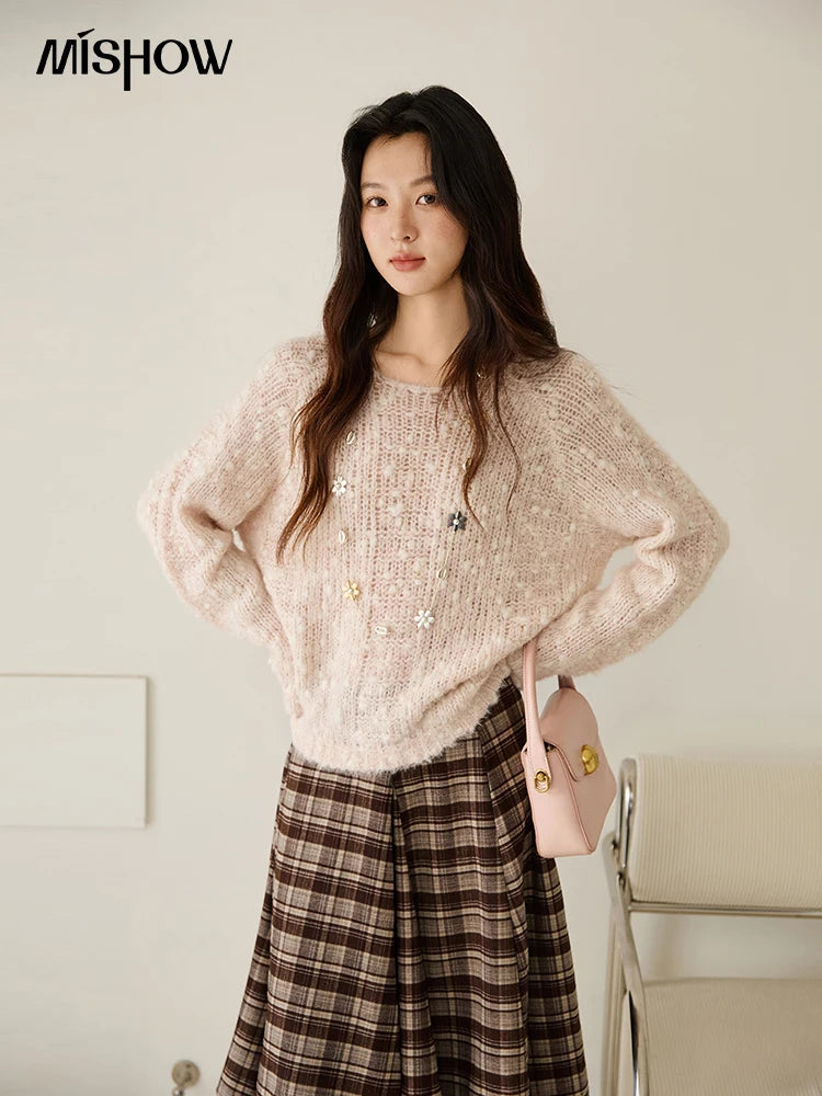 MISHOW Scoop Neck Loose Sweater 2025 Autumn Raglan Sleeve Casual Knitted Top Hollow-out Wool Blend Soft Warm Sweaters MXE46Z2565