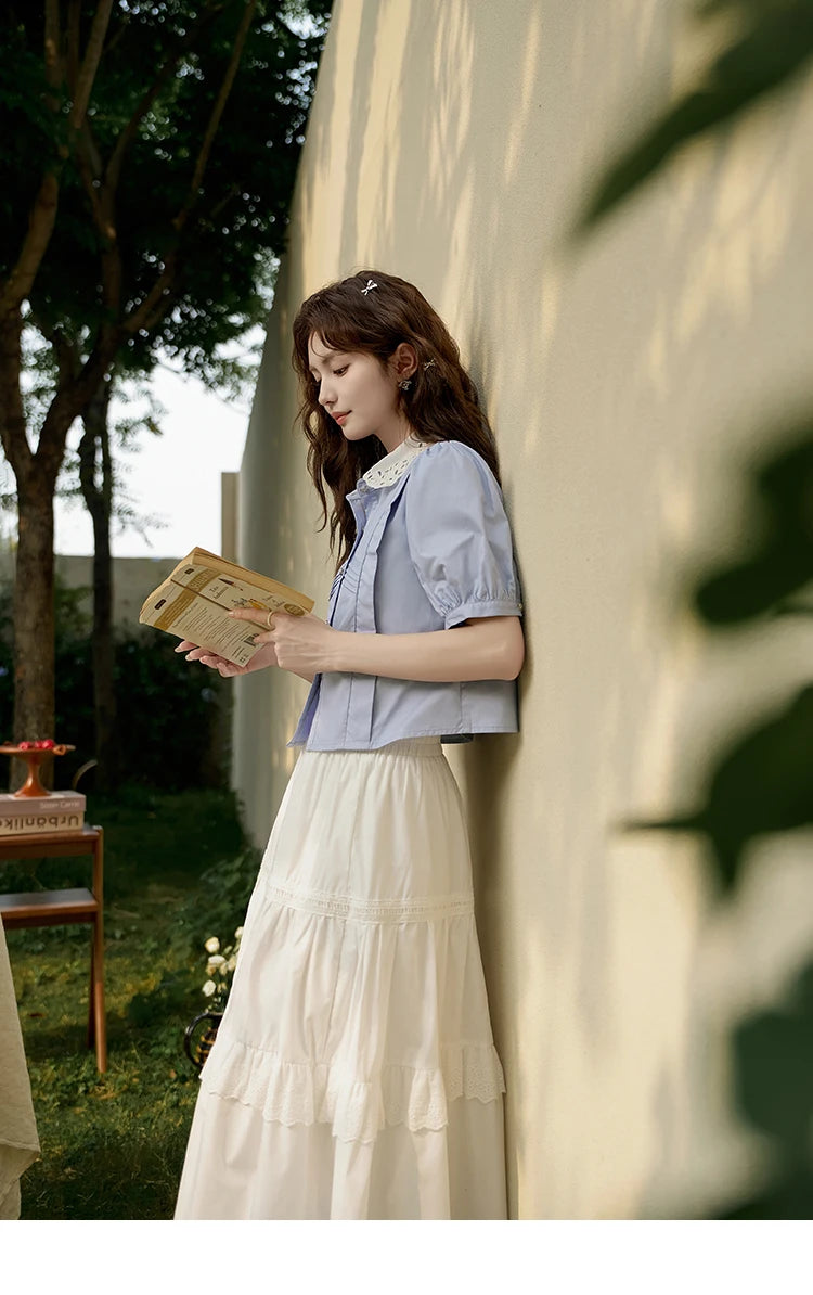 MISHOW Women's Summer Button Up Shirt Puff Sleeve Blouse Lace Lapel French Retro Contrast Top Korean Popular Clothes MXD26X1451