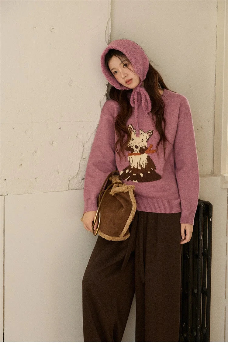 MISHOW Women's Jacquard Dog Thick Sweater Winter Purple Arctic Fleece Loose Soft Knitted Tops (Headband Not Included) MXE88Z2599