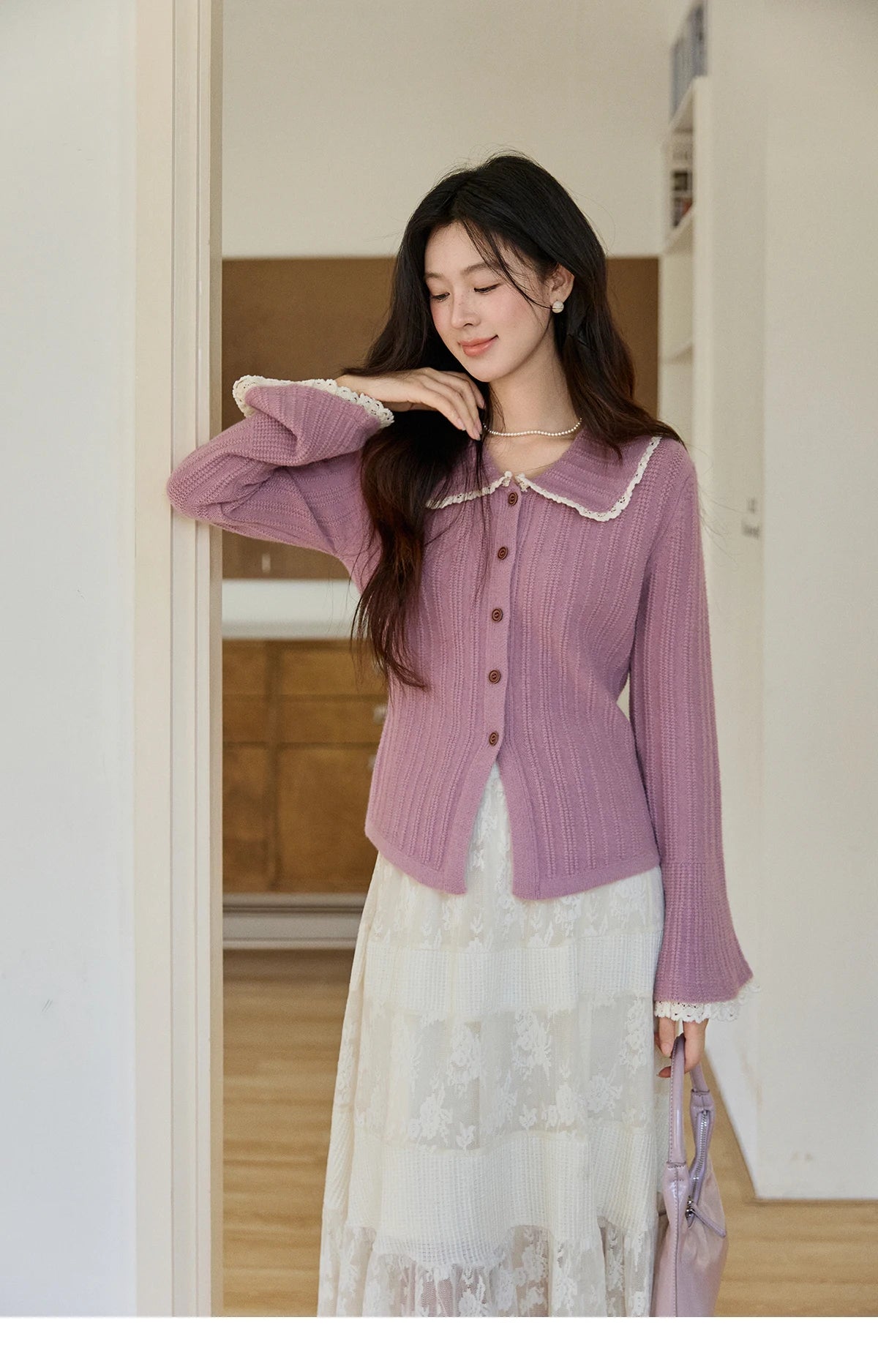 MISHOW Women's Lilac Flare Sleeve Knitted Cardigan 2026 Spring Peter Pan Collar Lace Trim Long Sleeve Slim Casual Top MXF11Z2994