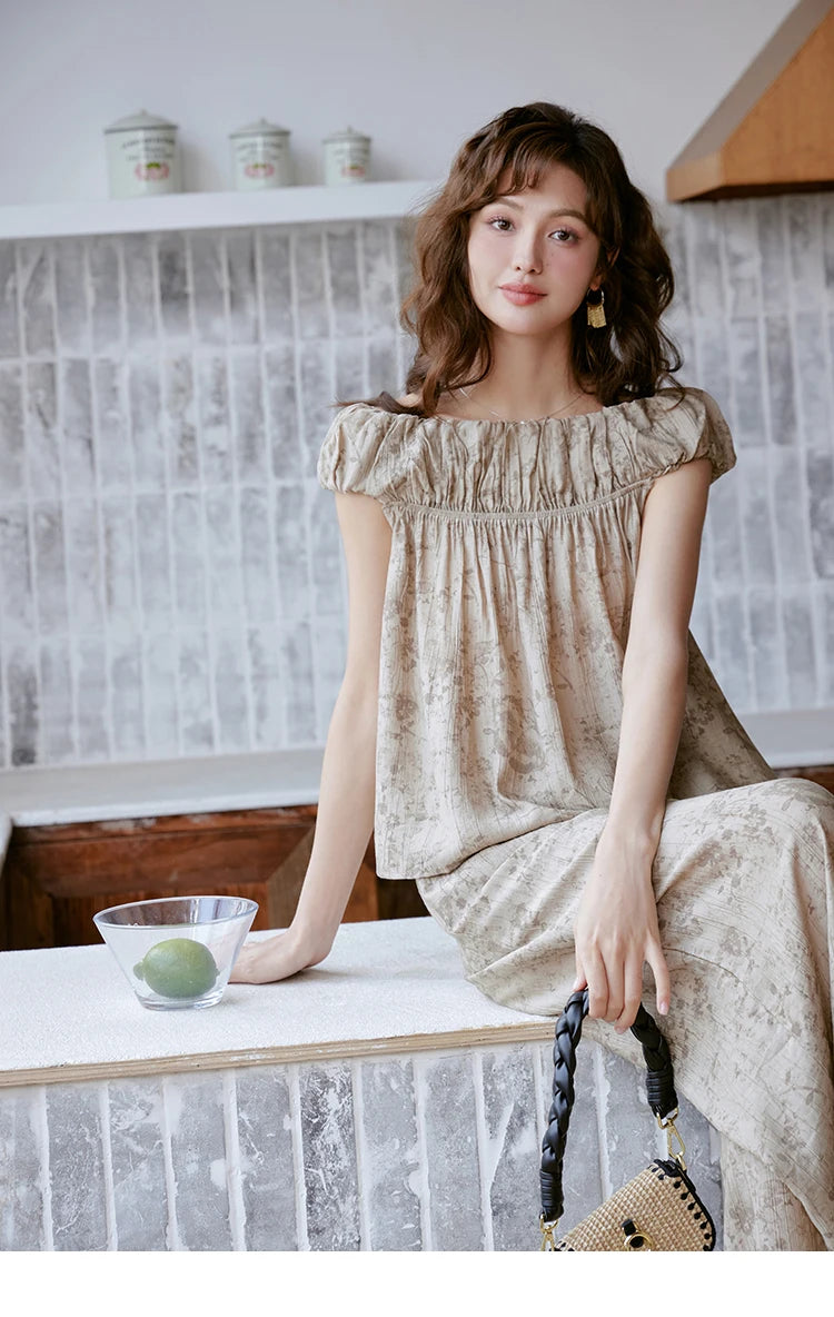 MISHOW Ink Printing Slash Neck Top Wide Leg Trouser Separately Summer Elastic Waist Pants Folds Chiffon Office Lady MXC39X1298