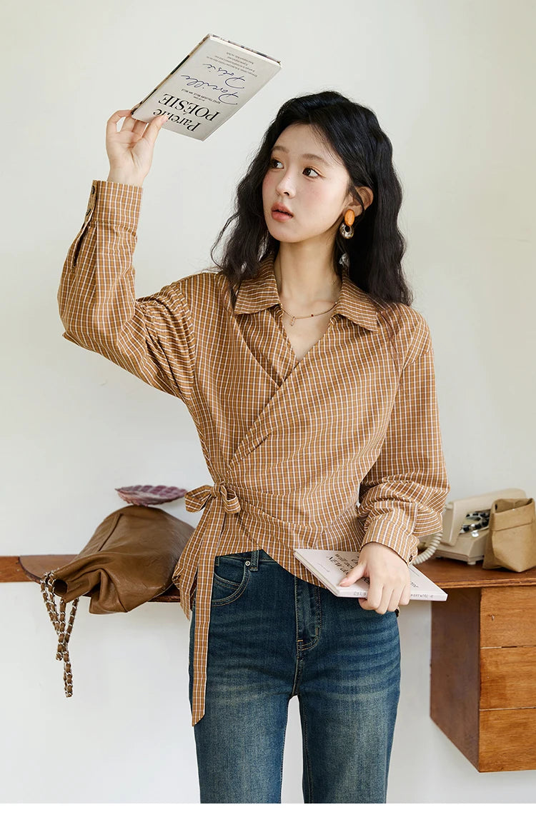 MISHOW Women's 100 Cotton Dark Orange Plaid Shirt Autumn Design Side Waist Lace-up Long Sleeved Shirts Office Lady MXE46X2494