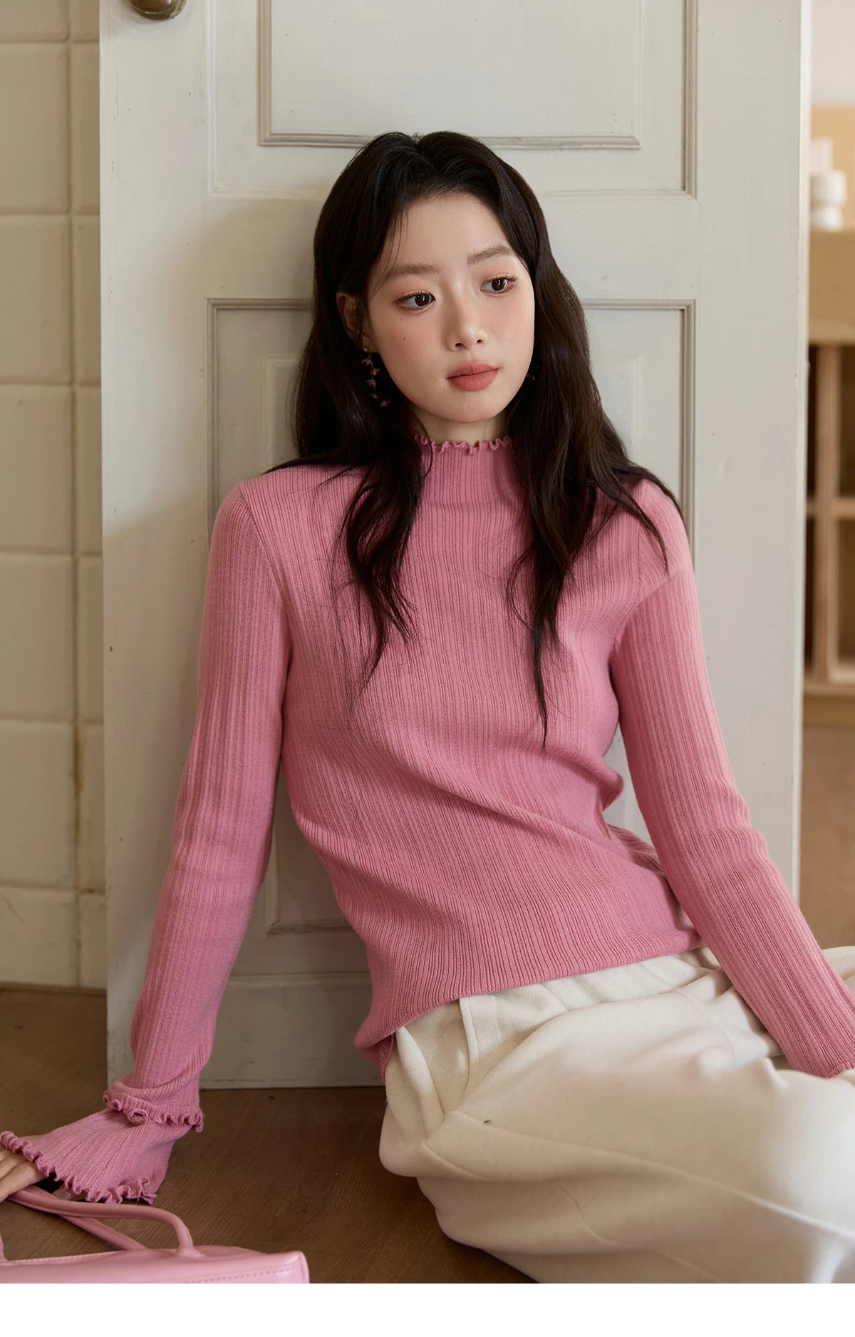 MISHOW Women's Long Sleeve Top 2025 Autumn New Casual Solid Turtleneck Slim Knit Wood Ear Edge Trumpet Sleeve Top MXE51Z2552