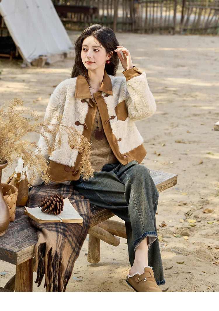 MISHOW Lamb Wool Short Jacket Women Ox Horn Button 2024 Fall Winter New Fashion Warm Loose Splicing Suede Top MXD36W0504