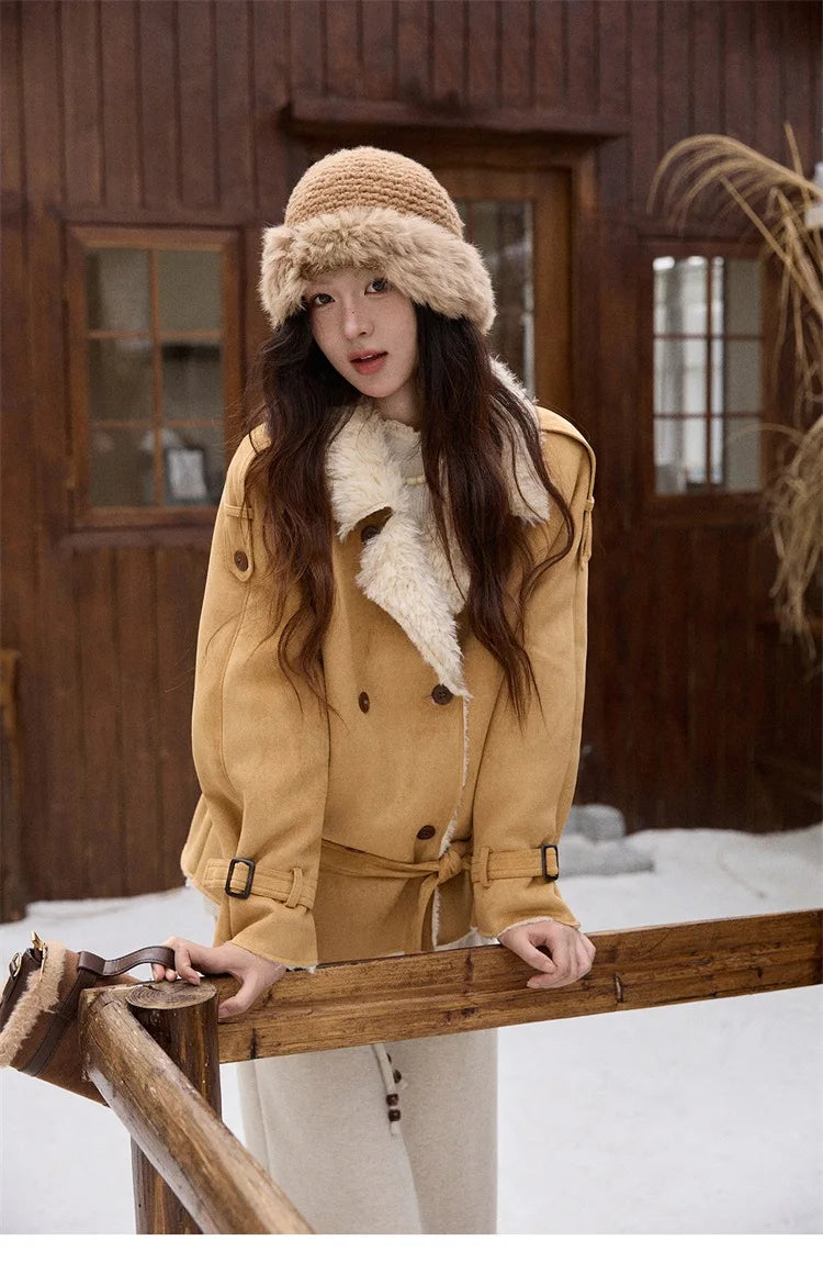 MISHOW Women Winter Jacket 2025 Fashion Suede Lambskin Fleece Coat Commute Windproof Retro Double-breasted Warm Coat MXE86W0907