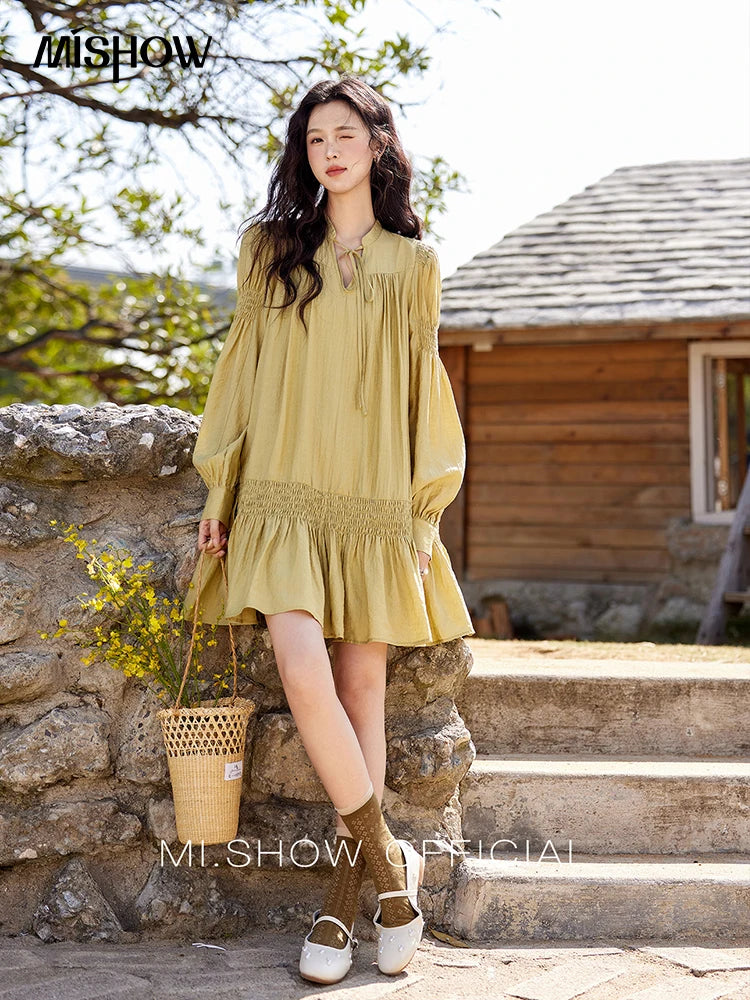 MISHOW Folded Lace Up Dress for Women Spring 2025 Solid V-neck Loose Chiffon Doll Dress Puff Sleeve Knee-Length Dress MXE11L2113