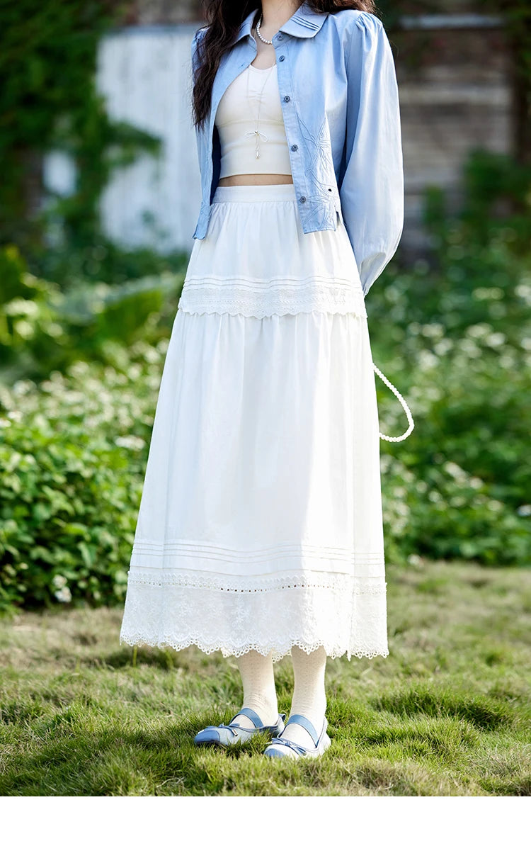 MISHOW French Retro Hollow Lace Skirt for Women Spring 2025 Elegnat 100 Cotton A-line Skirt High Waist Sweet Skirts MXE12B0643