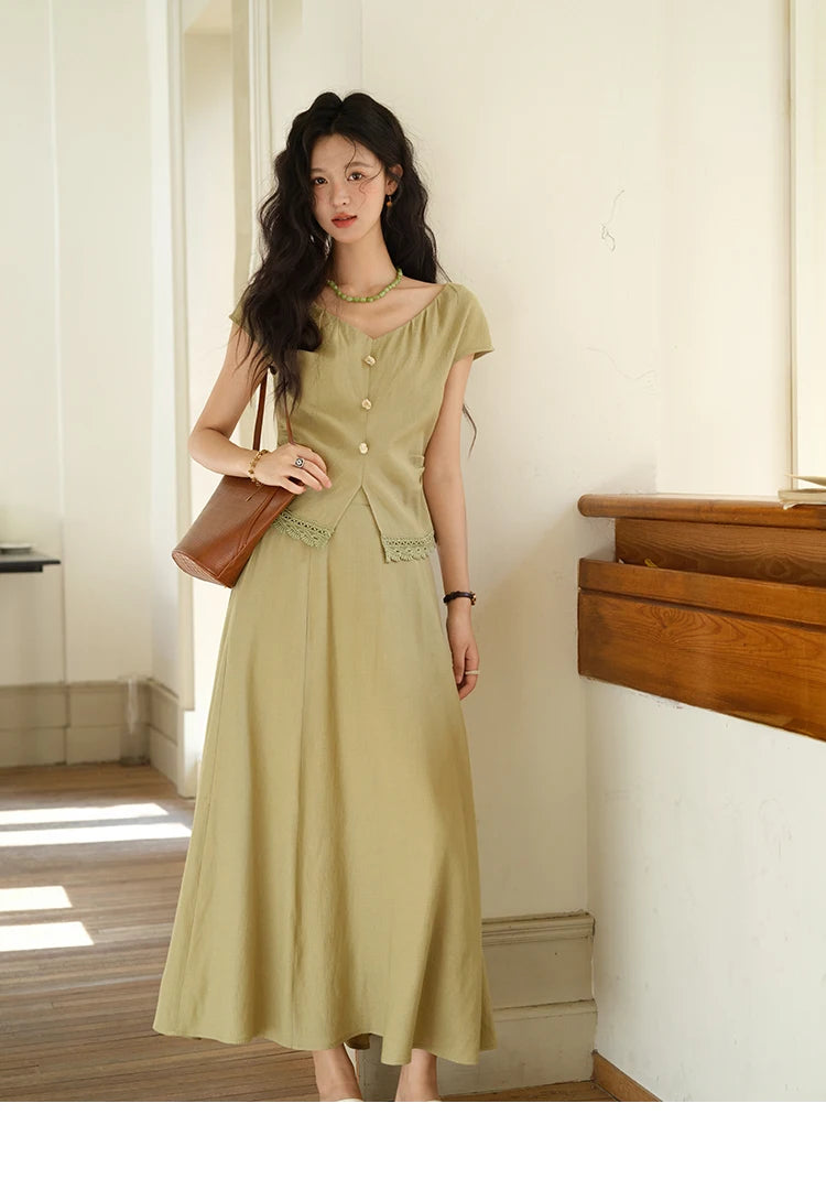 MISHOW Two-Piece Ladies Set 2025 Summer New Fashion V-neck Button Lace Hollow Out Spliced Top Pocket A-line Skirt Set MXE39T0665