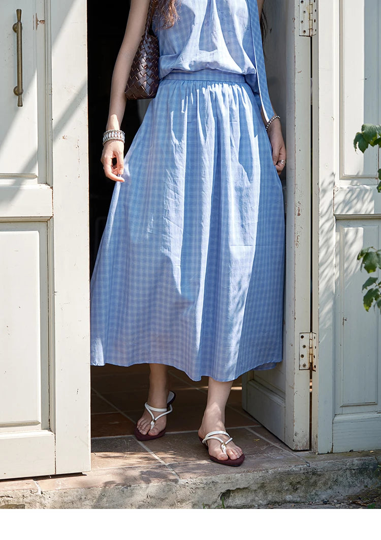 MISHOW Women's 2 Piece Set 2025 Summer Female Vacation Fashion Plaid Hanging Neck Button Top A-line Half Skirt Set MXE39T0711