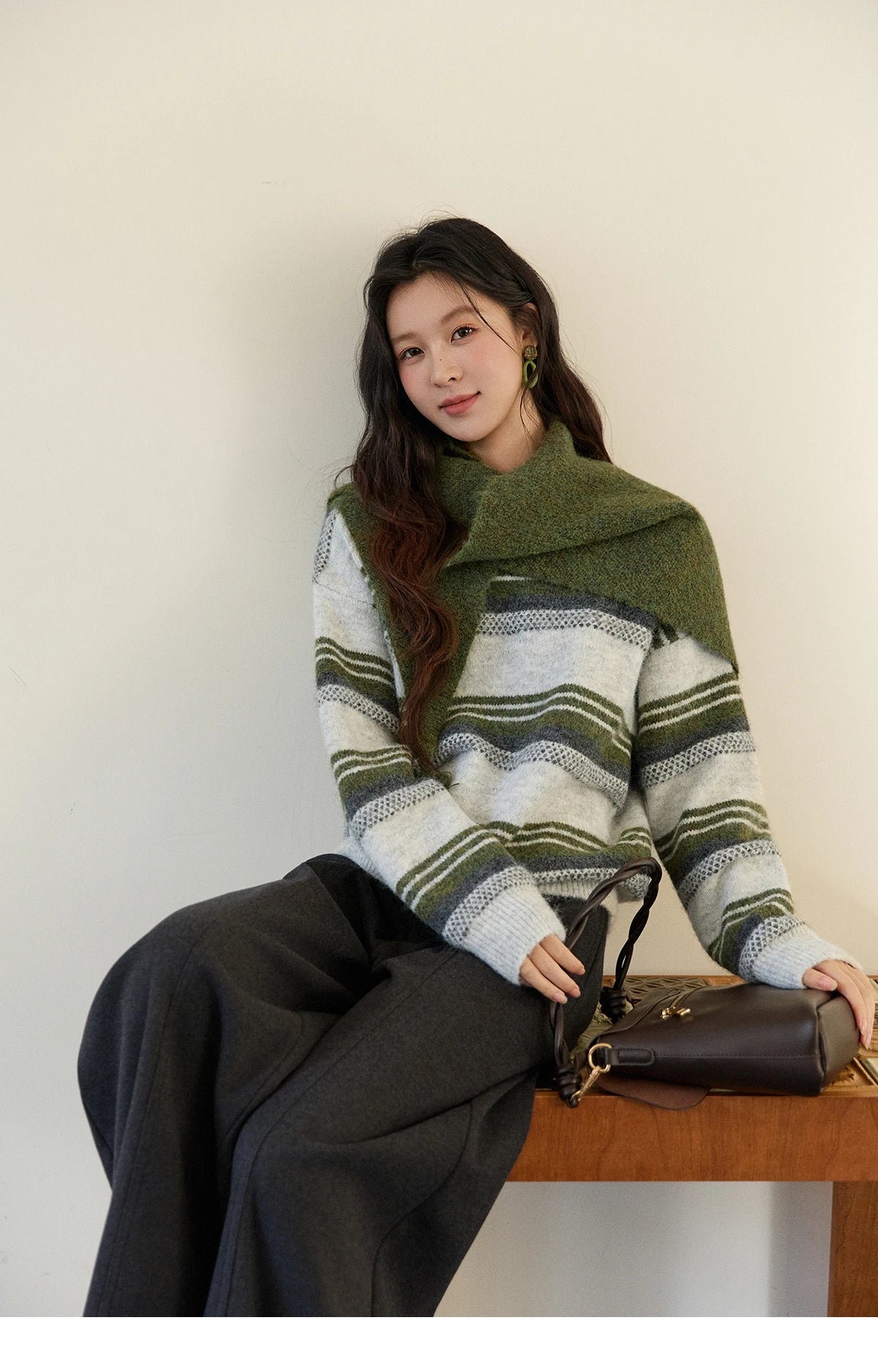 MISHOW Women's Wool Blend Retro Striped Sweater with Scarf Set 2025 Winter Knitted Round Neck Warm Loose Sweaters MXE94Z2987
