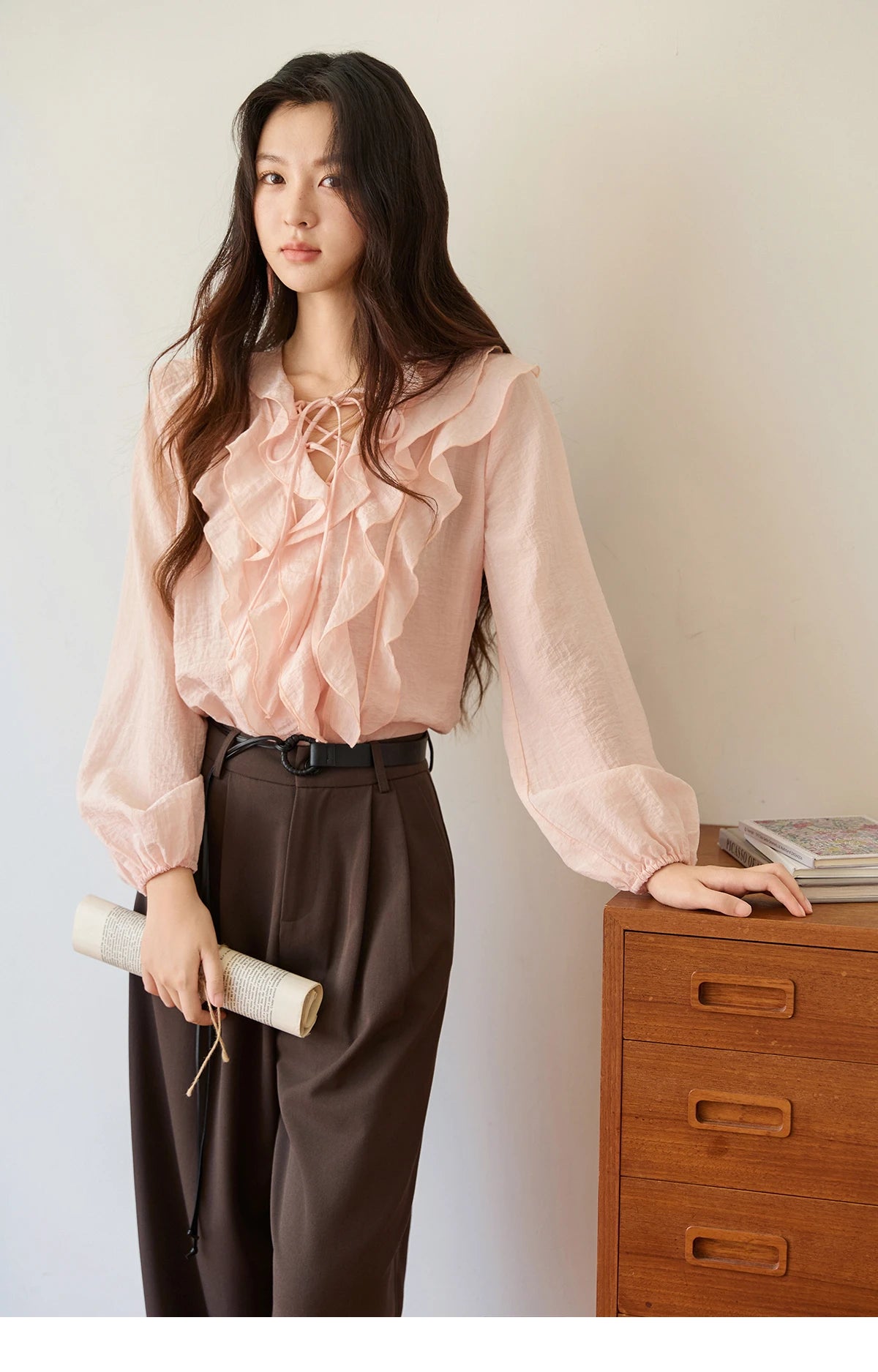 MISHOW Pink Ruffled Blouse for Woman 2025 Autumn New Elegant Sweet V-neck Lace-up Design Shirt Lantern Sleeves Top MXE49X2504
