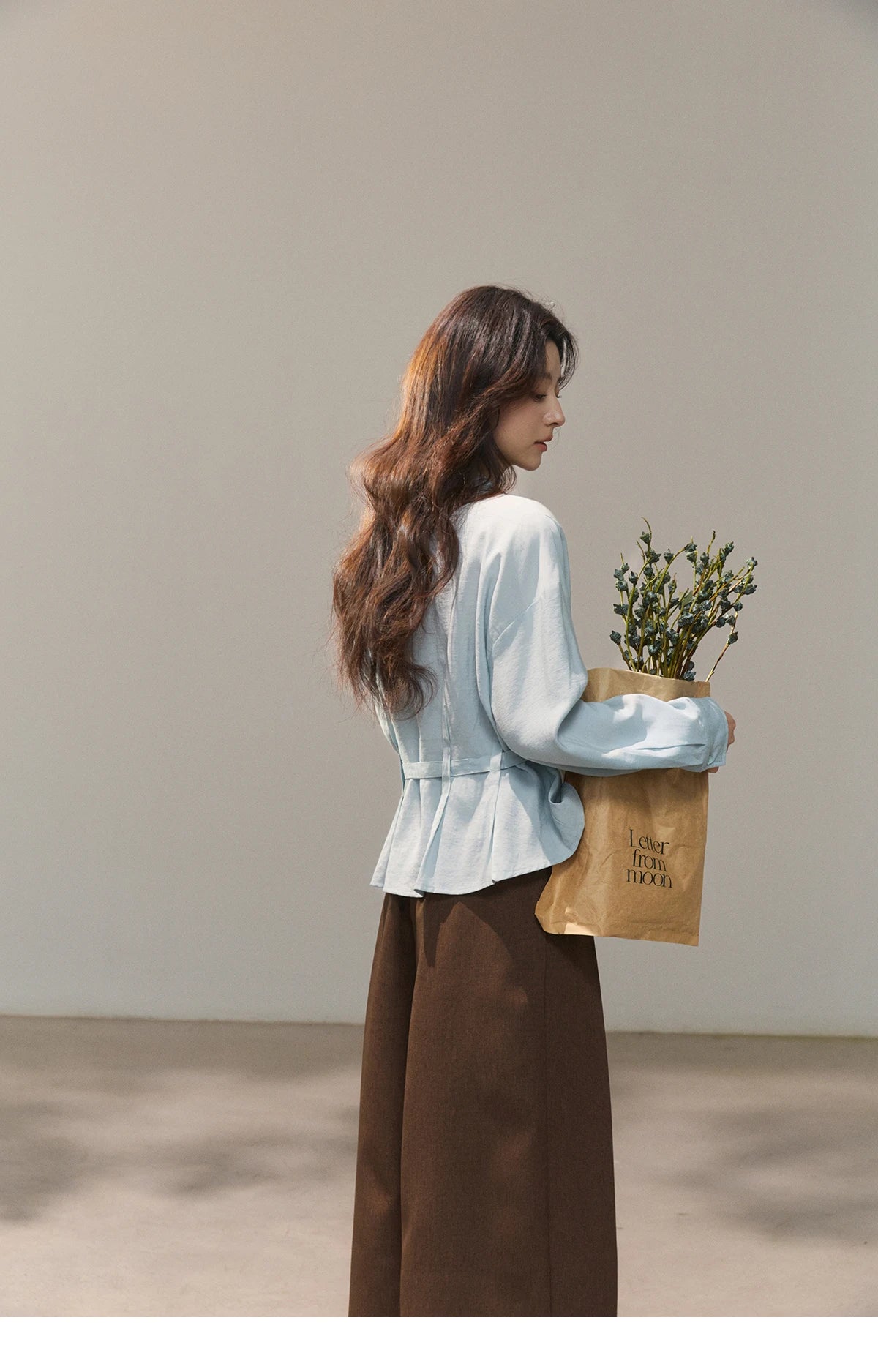 MISHOW Women's Light Blue Lyocell Shirt 2026 Spring Polo Neck V-neck Belted Waist Shirt Casual Peplum Long Sleeve Top MXF13C2437