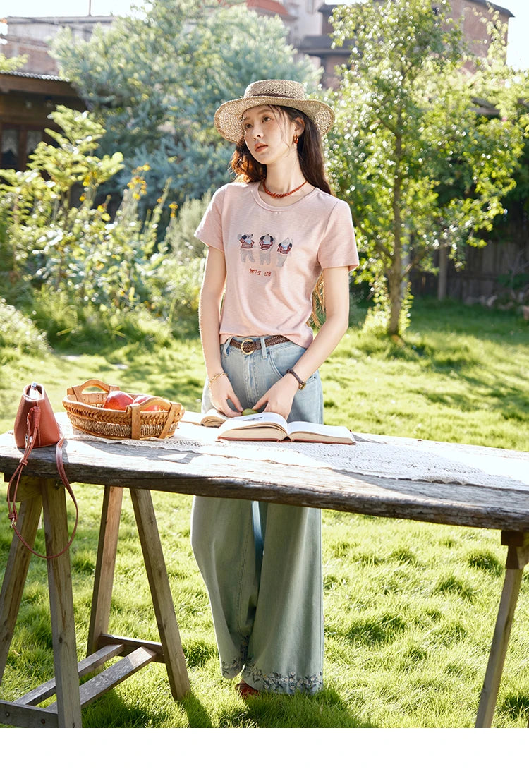 MISHOW Short Sleeve Little Bear Print T-shirt for Women 2025 Summer New O-Neck Embroidery Top Versatile Loose Tee MXE39T0699