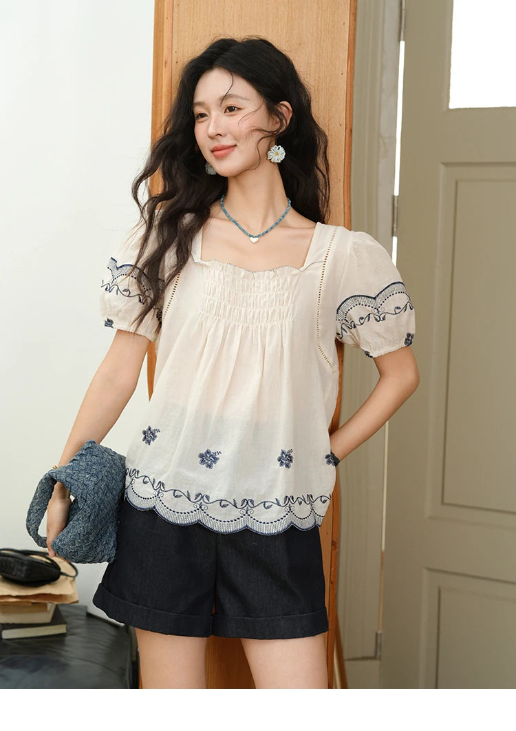 MISHOW Square Neck Puff Sleeve Women's Blouse 2025 Summer Fashion Flower Embroidery Hollow Out Blouse Female Clothing MXE39X1953