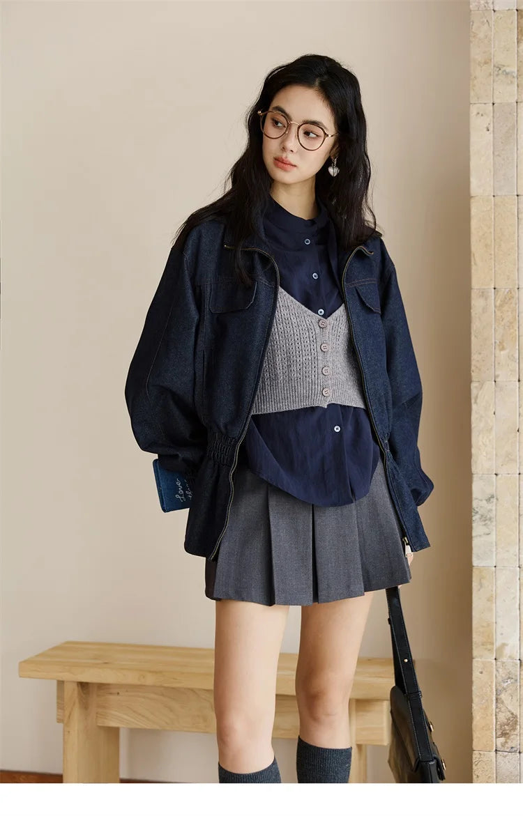 MISHOW Woman Shirt Set 2025 Autumn Fashion New Navy Blue Ribbon Design Layered Shirt Knit Camisole Two-piece Suit MXE47T1412