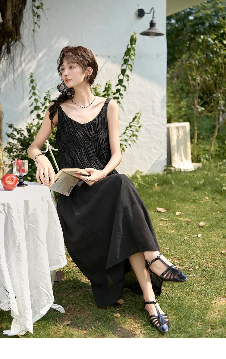 MISHOW French Retro Pleated Upper Suspender Dress for Women 2024 Summer Vacation Sleeveless Solid Mid Length Dresses MXD26L1939