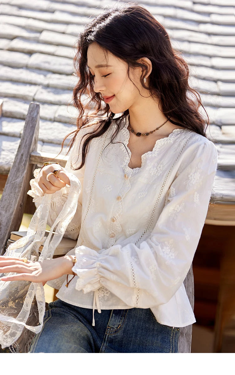 MISHOW Embroidered Blouse Women 2025 Spring New French Elegant Apricot Lace Premium Drawstring Design V Neck Tops MXE11X1708
