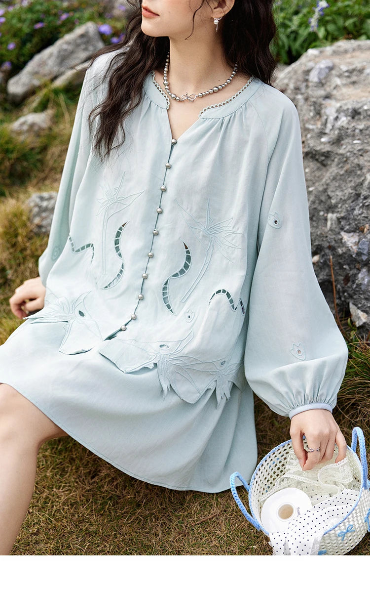 MISHOW Women's Sweet Blouses A-line Skirts Set Vintage Hollow Out Embroidery Loose Shirt Solid Skirt Two-piece Set MXE12T0455