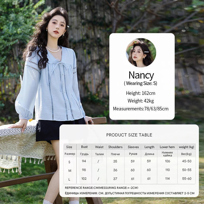 MISHOW French Sweet Loose Blue Shirt for Women 2025 Spring Summer V-neck Lace-up Hollow Doll Shirt Lantern Sleeve Top MXE12C0411