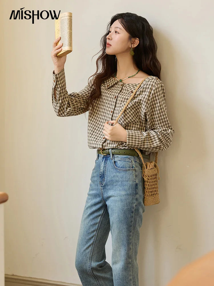 MISHOW Women's Casual Shirts Cotton Autumn Side Slit Pockets Plaid Shirts Commute Elegant Chic Woman Top with Belt MXE44X2469