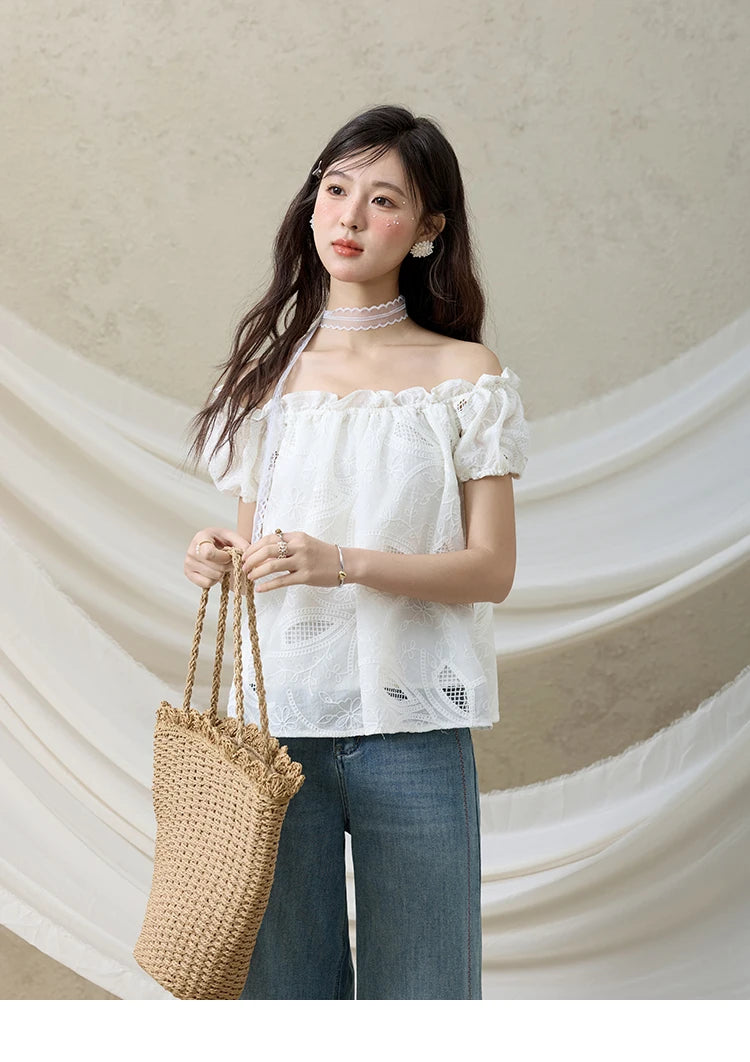 MISHOW French Summer Shirts Women New 2025 Slash Neck Short Sleeve Solid Lace Blouses Female Fashion Slim Tops Lady MXE35X1775