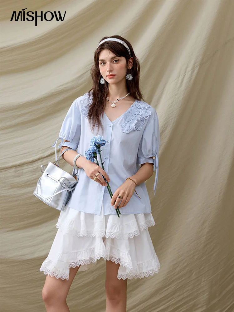 MISHOW French New Shirts Women Summer 2025 Solid Short Sleeve V-neck Embroidered Loose Blouses Female Loose Versatile MXE31X1774