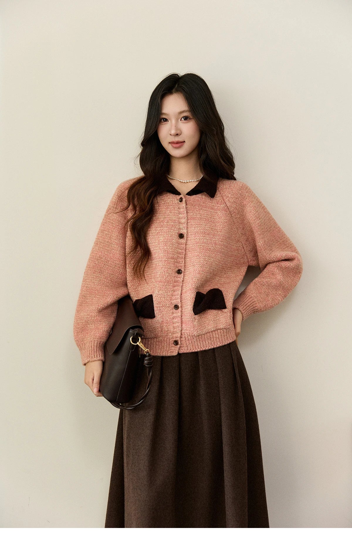 MISHOW Women's Pink Knitted Cardigan Autumn Winter Contrast Collar Bow Pocket Top Single-breasted Loose Warm Sweater MXE94Z2957