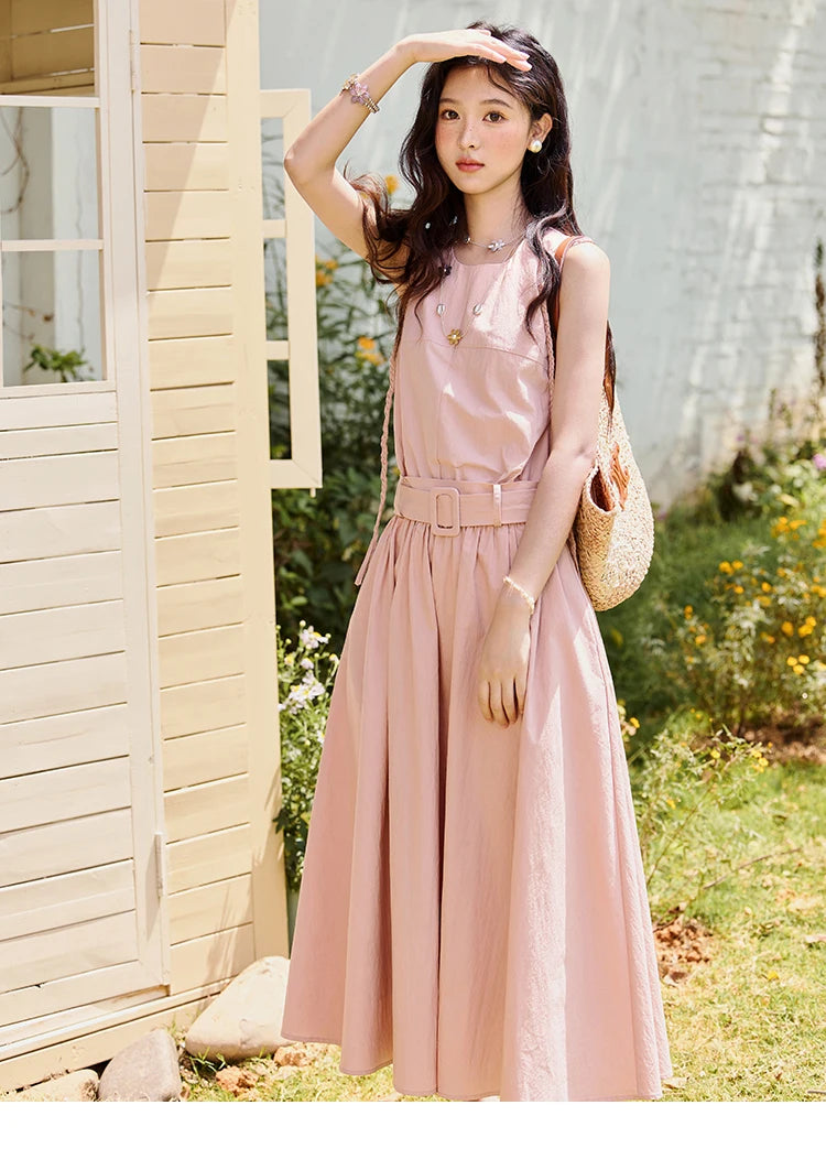 MISHOW Women's Vest Dress 2025 Summer Hand Woven Fried Dough Twists Waist Belt Slim Long Dress A-line Vacation Dress MXE34L2223