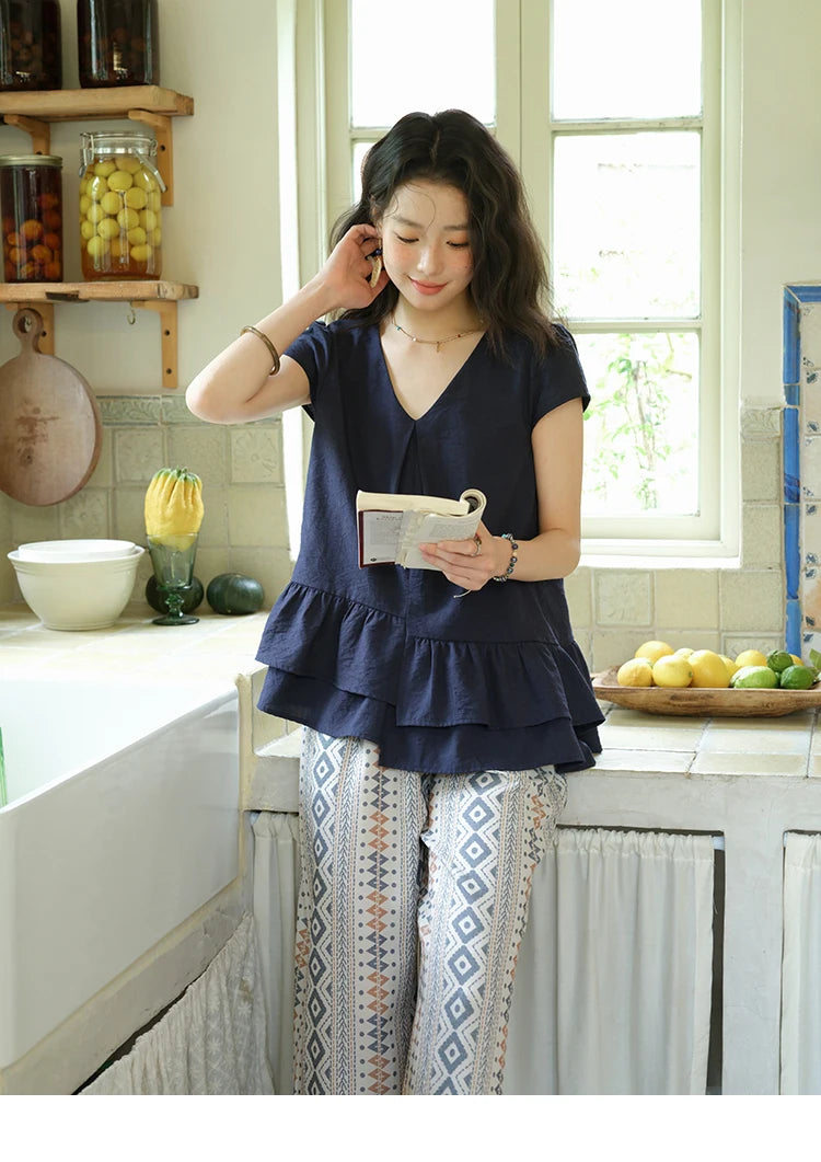 MISHOW Women's Two Piece Set 2025 Summer Spliced Lotus Leaf Edge V-neck Blouse Fashion Geometric Wide Leg Pants Set MXE39T0670