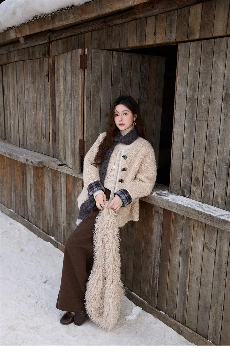 MISHOW Plaid Patchwork Curly Lambswool Coat Winter 2025 Women's Fashion Coat Double-Front Retro Casual Loose Jacket MXE87W0939