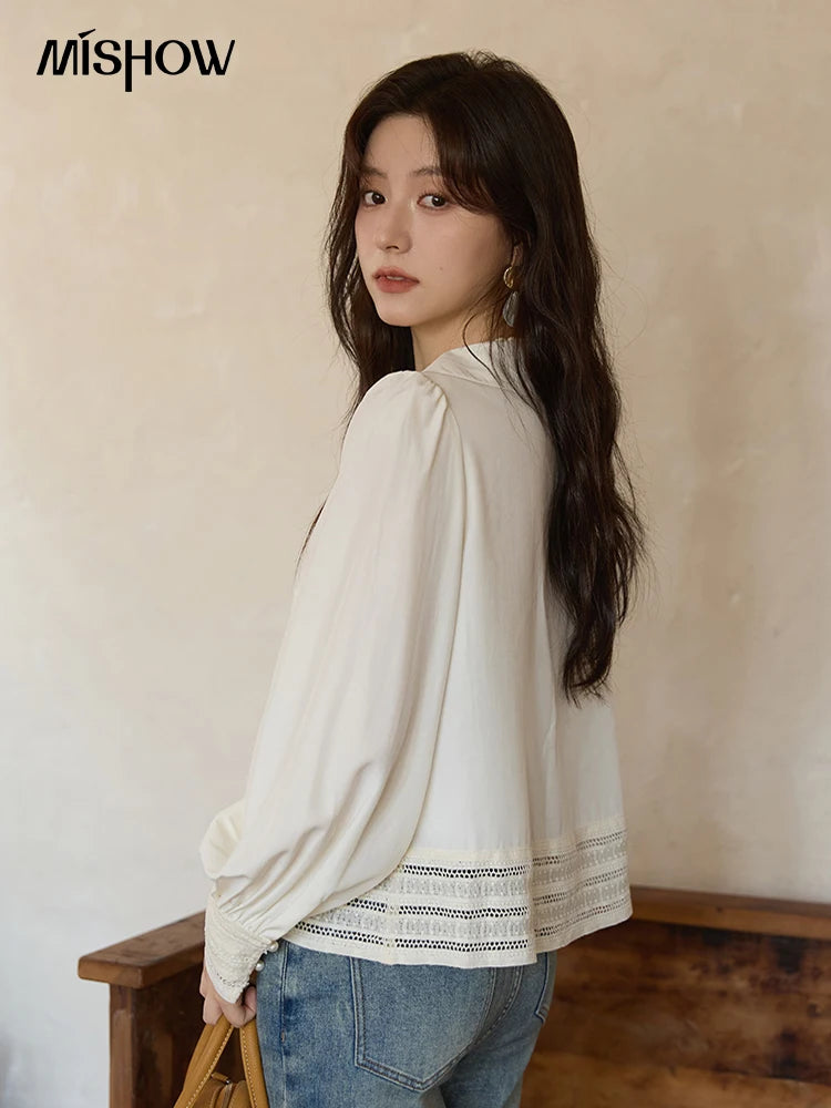 MISHOW Women's French Lace Patchwork Shirt 2025 Autumn Butterfly Collar Lantern Sleeves Apricot Elegant Commuting Top MXE41C2357