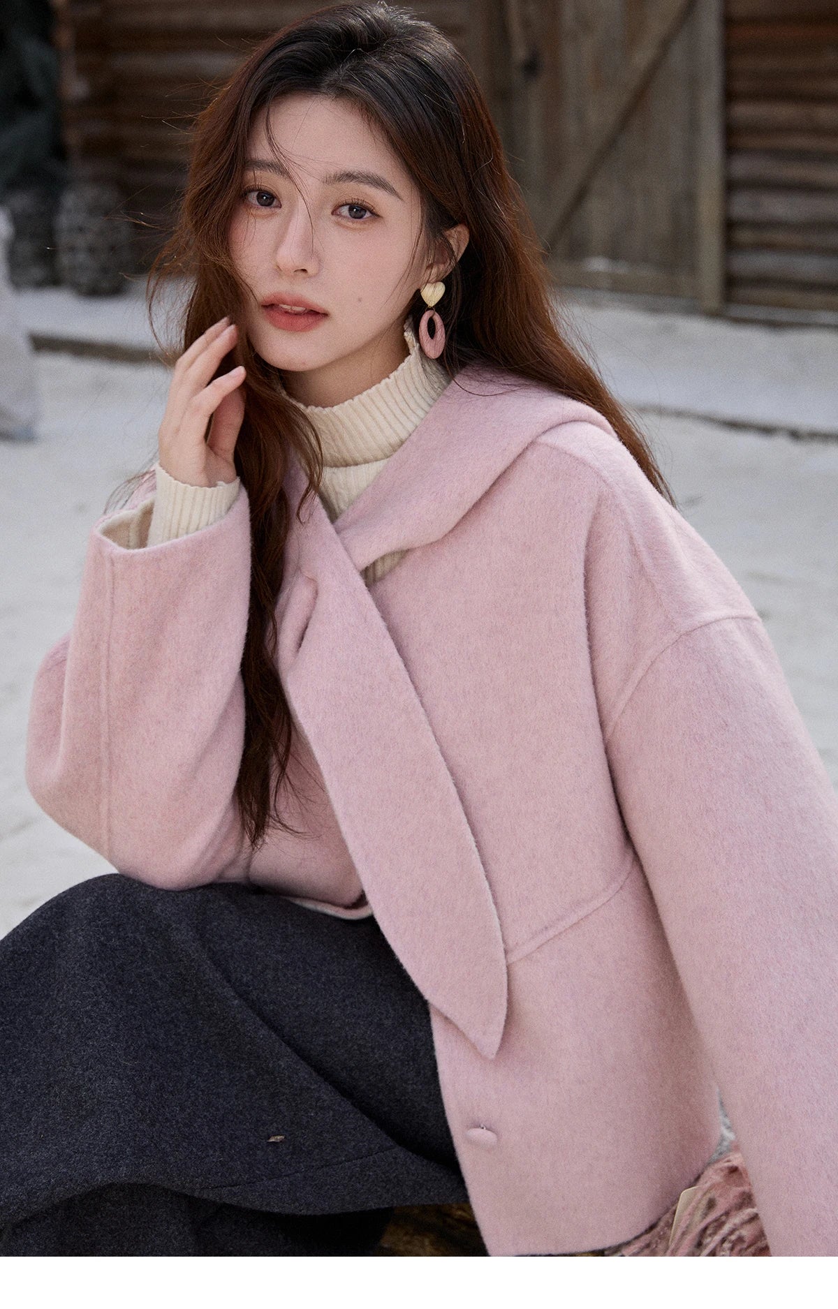 MISHOW Pink Wool Double-sided Woolen Coat Winter Hooded Bow Tie Strap Coats Loose Dropped Sleeves Coat Office Lady MXE91W1010