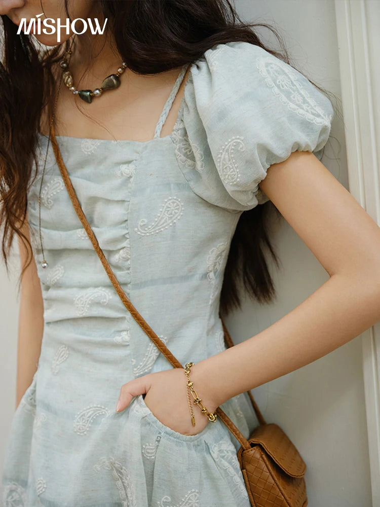 MISHOW Fashion Embroidery A-line Dress for Women 2025 Summer Puff Sleeve Square Neck Vacation Dresses Female Clothing MXE34L2265