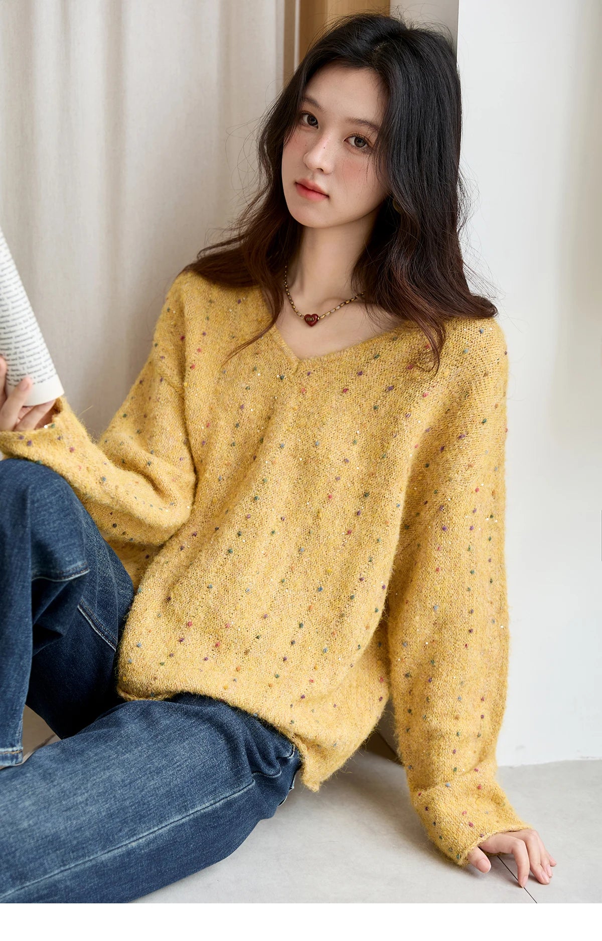 MISHOW Women Long Sleeve Tops 2025 Autumn Retro Yellow Sequins V-neck Sweater Knitted Comfortable Casual Pulllovers MXE47Z2572