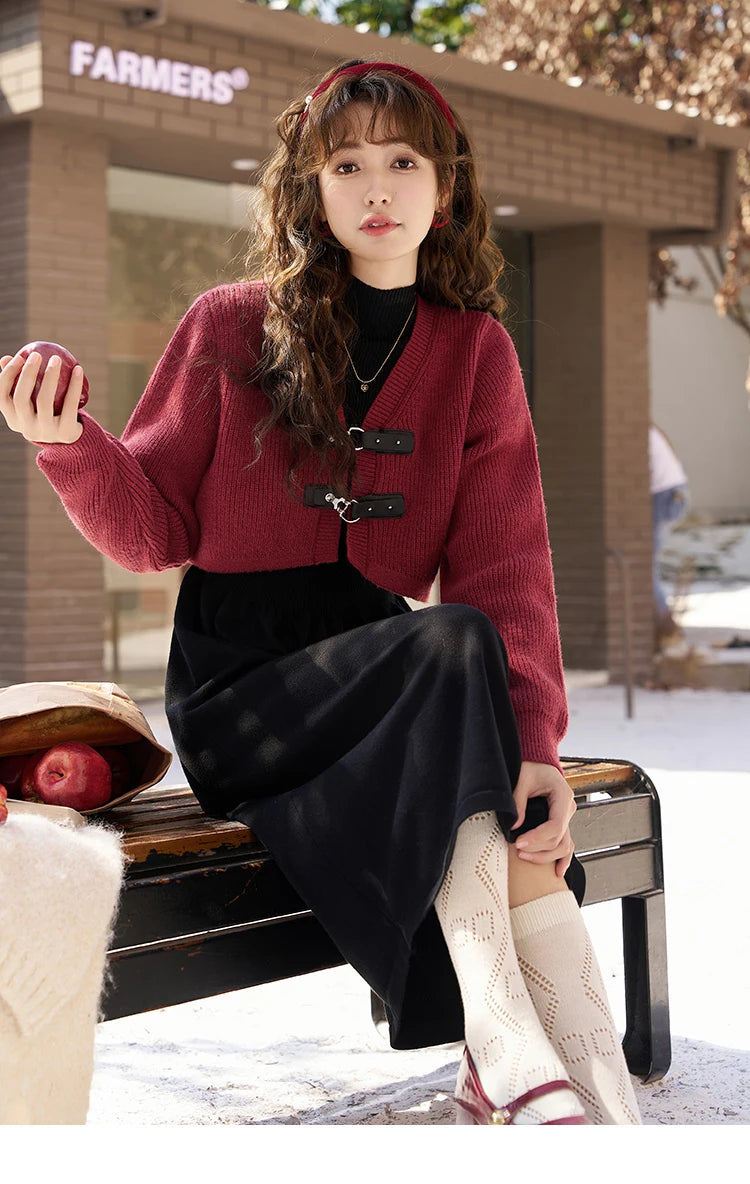 MISHOW Knitted Dress Solid Cardigan Separately Women Winter V Neck Sweater Midi A-line High Waist Dress Short Tops MXC59L1646